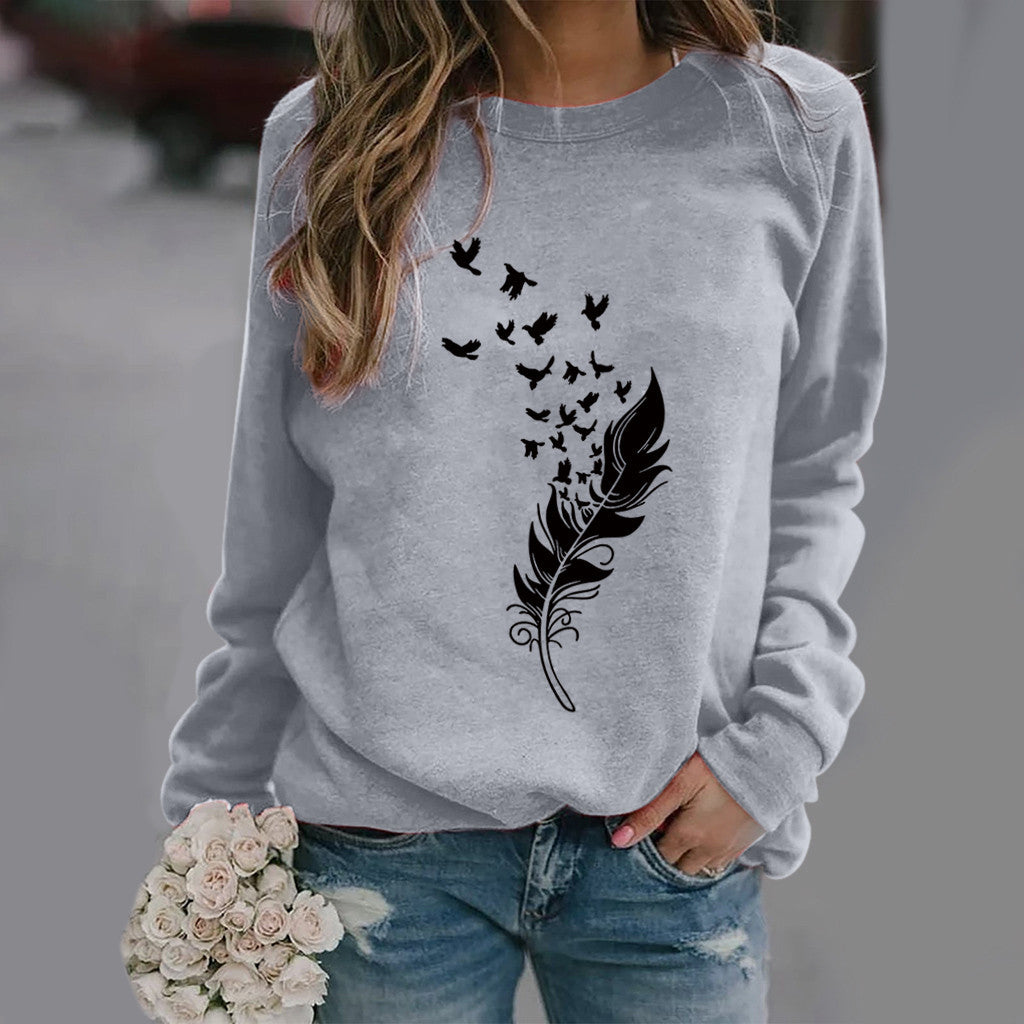Wholesale Polyester Feather Fun Pattern Printed Long Sleeves
